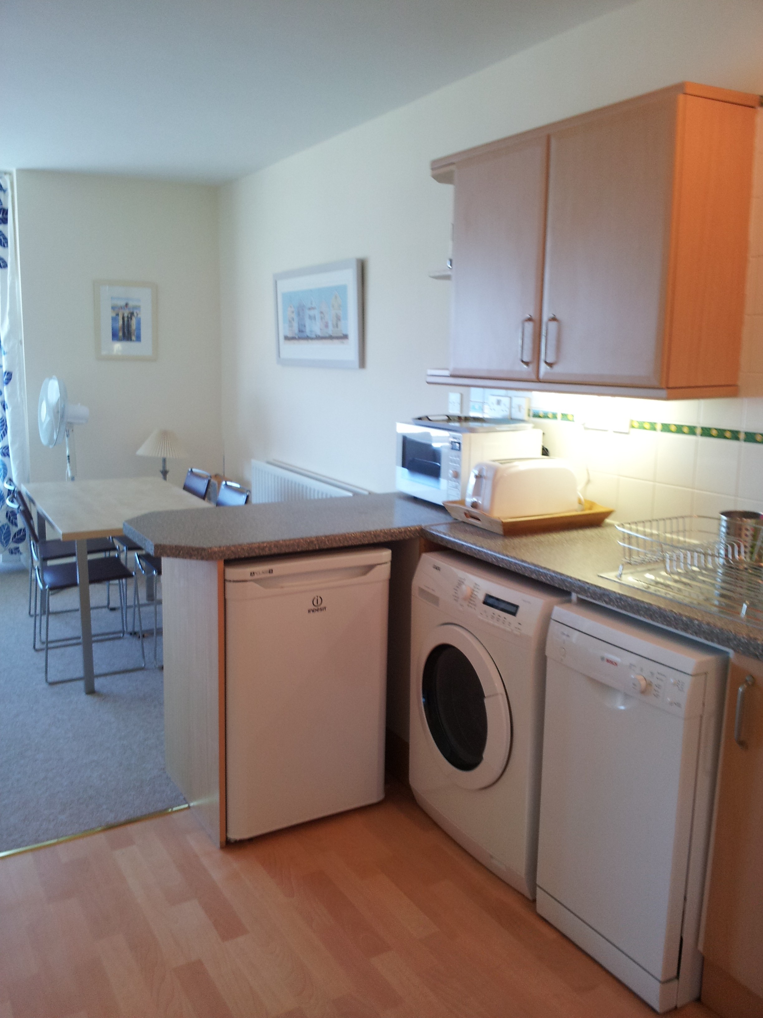 Kitchen showing washing machine, dryer, fridge, dishwasher and microwave.